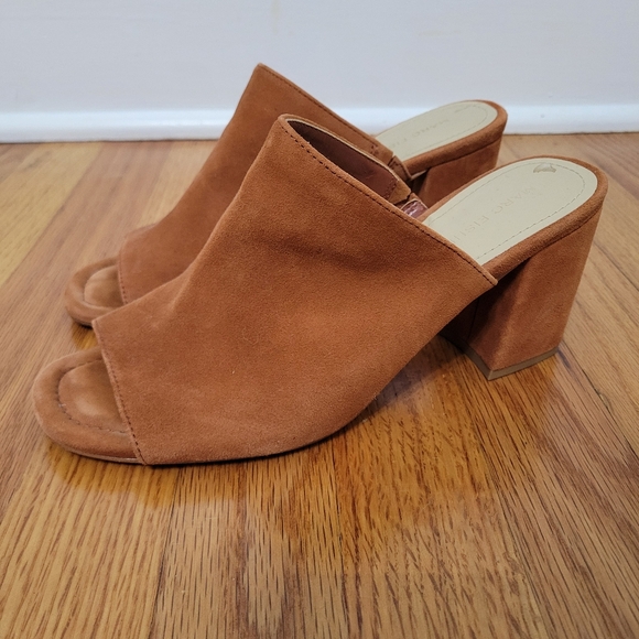 Marc Fisher Dafne Wedge Slip-on Mules Heels Size 8 Brown Suede Leather Peep Toe - Picture 1 of 13